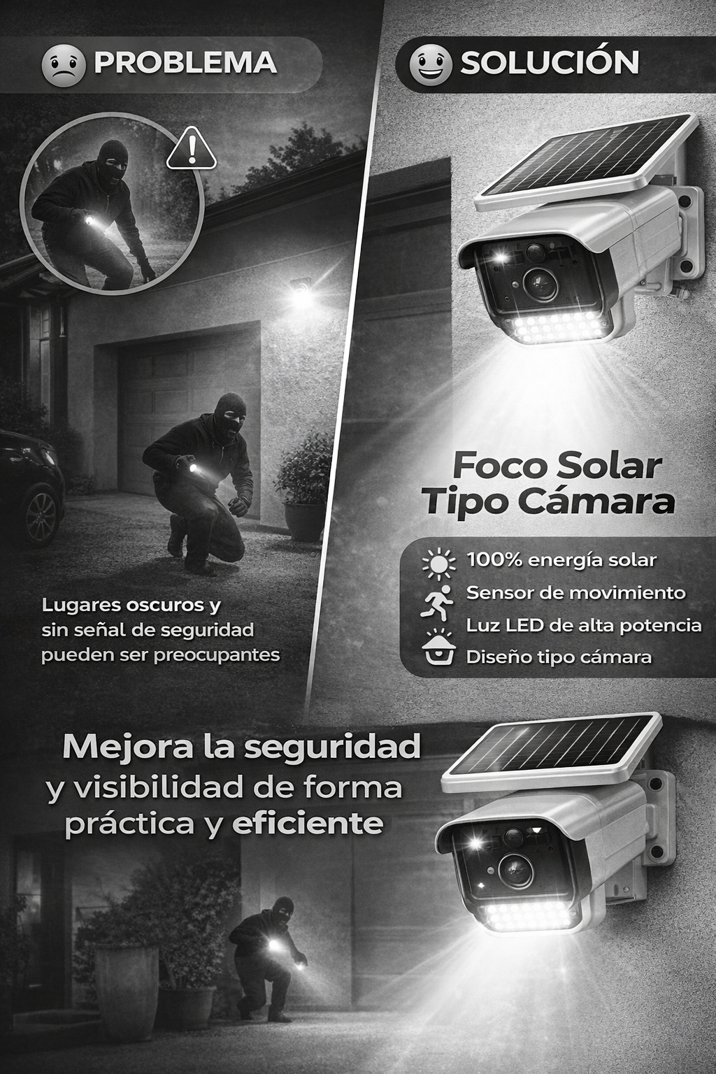 Foco Solar Tipo Cámara – Seguridad Visible, Energía Inteligente